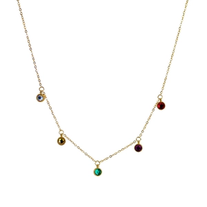 18K gold plated rainbow necklace with five colorful round zircon pendants on white background