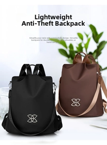 Detail showing anti-theft back opening design on black and brown versatile backpacks