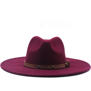 Classic burgundy fedora hat with wide brim and studded leather band for men and women