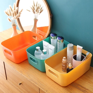 Three-piece colorful plastic storage bins with handles for desktop and kitchen organization