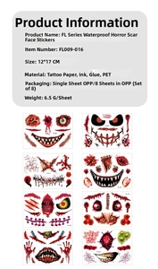 Macro view of waterproof Halloween scar tattoo stickers with scary stitch and teeth designs