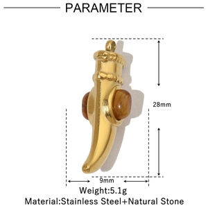Macro view of horn-shaped gold stainless steel pendant with brown natural stone and dimensions