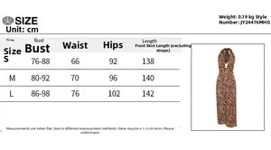 Size chart for leopard print halter dress including bust, waist, and hip measurements in cm