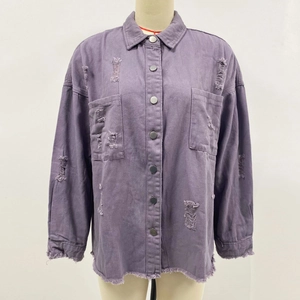 Close-up of purple denim jacket featuring vintage distressed holes and frayed hem details