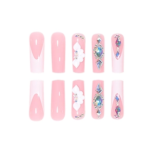 Pink coffin press-on nails with 3D floral accents, French tips and sparkling rhinestones