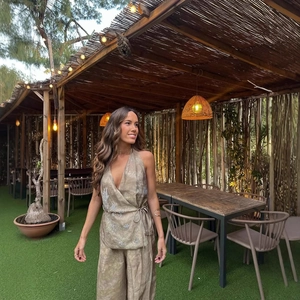 Women's 2-piece printed set with V-neck halter tie top and matching wide leg pants