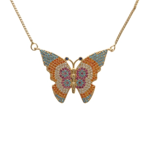 Golden butterfly necklace with multi-color micro-set zircon stones on a white background