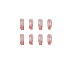Glossy amber marble press-on nails in long ballet shape with pink-brown gradient finish