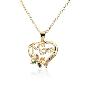 Detailed close-up of 18K gold MOM heart pendant with colorful zircon butterfly and gemstones
