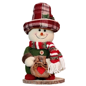 Standing Christmas snowman plush doll with vintage plaid hat and wooden base for holiday decor