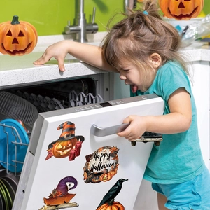 Halloween gnome and pumpkin magnetic dishwasher decals shown in kitchen setting
