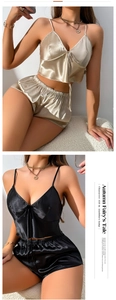 Detailed view of satin camisole set with V-neck and elastic shorts in two colors