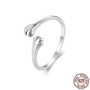 Cat Paw Hugging Adjustable Open Ring 925 Sterling Silver Animal Theme Minimalist Jewelry For Women