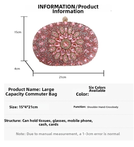 Size chart showing dimensions 21x15x4 cm for the rhinestone evening clutch bag