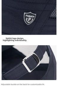 Detail of shield logo and adjustable silver metal buckle on quick-dry mesh cap