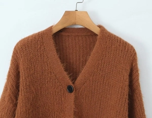 Detailed close-up of brown mohair cardigan with fuzzy texture and black buttons