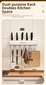 Detail view of wall-mounted kitchen knife rack with multi-functional hooks and slots