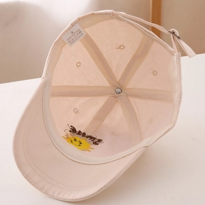 Detail view of cotton baseball cap interior showing stitching and 100% cotton label