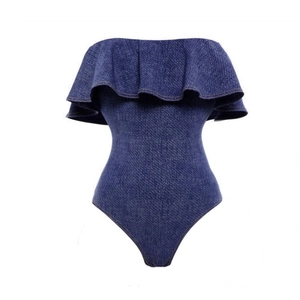 Slim fit dark blue denim print one-piece swimsuit with ruffled off-the-shoulder neckline
