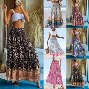 Bohemian floral maxi skirt with elastic high waist in diverse paisley print patterns