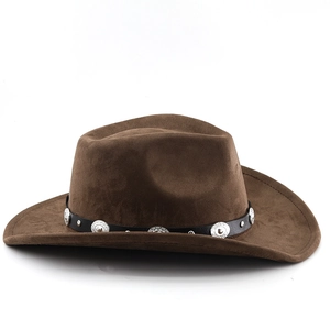 Detailed side view of dark brown suede cowboy hat with embossed silver metal conchos