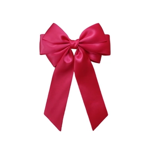 Détail d'un nœud papillon en satin rose fuchsia à double épaisseur avec de longs rubans fluides