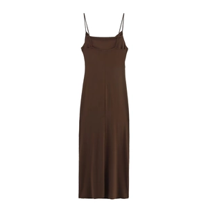 Flat lay of brown pleated spaghetti strap maxi dress with glossy draped fabric detail