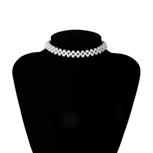 Detail of double-layer faux pearl choker necklace featuring intricate woven design and luster