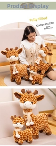 Detailed comparison of three sizes of plush giraffes with cute striped scarves