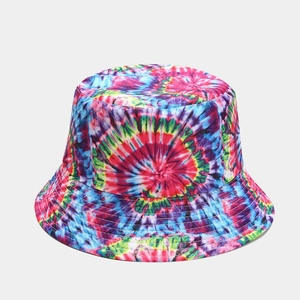 Detail of colorful tie-dye bucket hat featuring vibrant rainbow patterns and reinforced stitching
