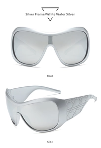 Detail of silver shield sunglasses showing geometric lattice pattern on wide temples
