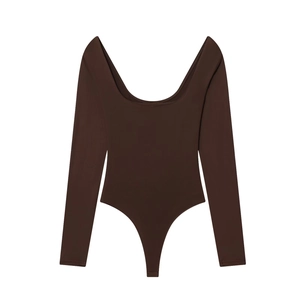 Slim fit deep brown long sleeve bodysuit with square neck and thong bottom style