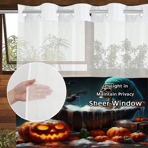 Detail of sheer Halloween shower curtain showing grommet top and translucent mesh fabric