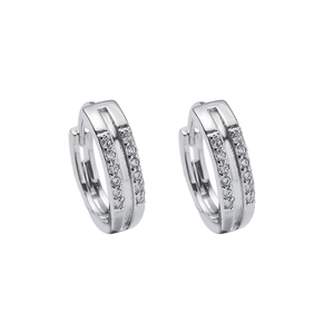 Elegant silver hoop earrings with two rows of sparkling zircons on white background