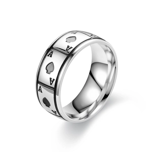Macro detail of engraved Ace of Spades card pattern on silver titanium steel ring