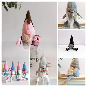 Collage of knitted Christmas gnomes featuring donut and coffee cup accessory details