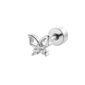Minimalist silver butterfly stud earring with clear round gemstones and screw back design