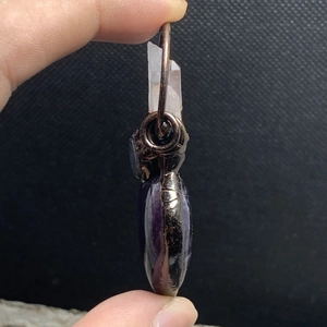 Side view of retro bronze plated heart amethyst and crystal pillar pendant charm