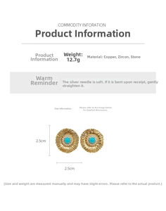 Detailed specs of sunflower earrings with blue-green stones and silver needle backing