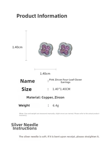Macro shot of pink zircon clover stud earrings featuring intricate copper craftsmanship