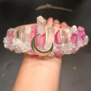 Natural crystal crown with moon charm featuring white and pink quartz pillars for women
