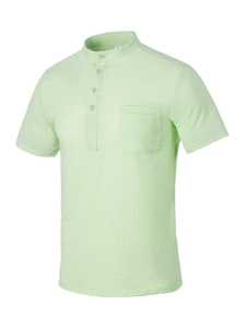 Close-up of light green seersucker short-sleeve polo shirt with stand collar and pocket