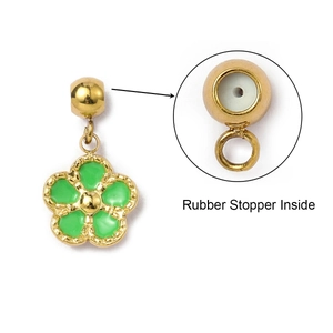Detail of green enamel flower pendant showing the functional rubber stopper inside