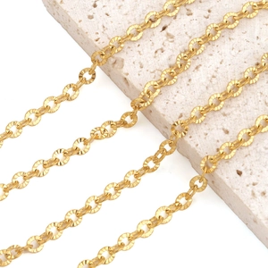 Golden stainless steel sunflower embossed chain with textured metal links for DIY necklaces