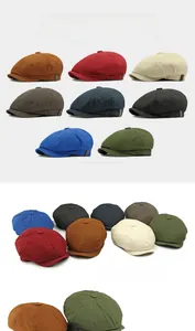Detailed color selection of cotton newsboy caps in brown, burgundy, and navy blue
