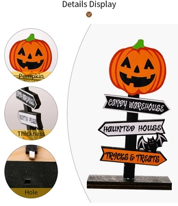 Detail view showing thickness and assembly hole of Halloween wooden pumpkin table sign