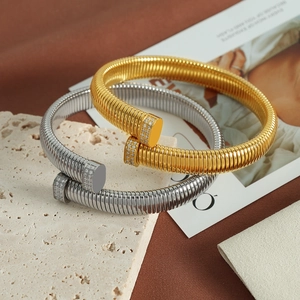 Minimalist gold and silver vertical textured open cuff bracelets with sparkling zircon