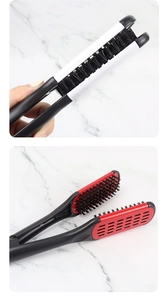 Close-up of dual-color bristle hair straightener combs in black-white and black-red