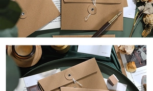 Vintage kraft paper envelope with string-tie closure and retro stationary accessories