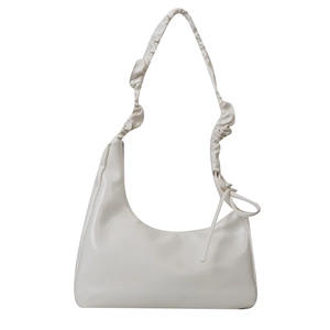 Minimalist cream white crescent shoulder bag with ruched handle and ribbon detail